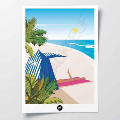Affiche murale d’une bronzette sur une plage de sable et palmiers, aux tons bleu, vert et rose pour décoration Affiche murale d’une bronzette sur une plage de sable et palmiers, aux tons bleu, vert et rose pour décoration