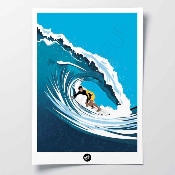 Poster da parete Le Tube surfer in un'onda nei toni del blu oceano per decorazione