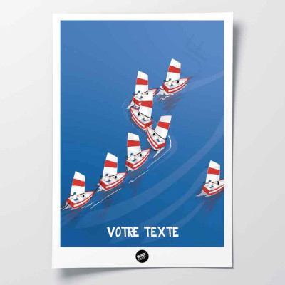 Affiche murale les optimistes bateaux rouges et blanc sur l'eau bleu qui se suivent pour la décoration.