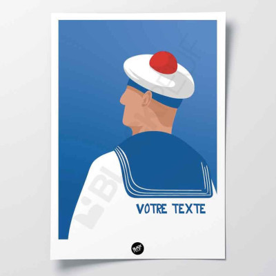 Affiche murale marin pompon avec un béret a pompon rouge sur fond bleu en uniforme blanc pour la décoration. Affiche murale marin pompon avec un béret a pompon rouge sur fond bleu en uniforme blanc pour la décoration.