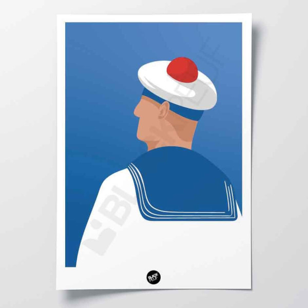 Affiche murale marin pompon avec un béret a pompon rouge sur fond bleu en uniforme blanc pour la décoration.