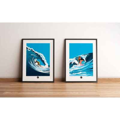 Wall poster of a surfer surfing a wave in blue tones for decoration Wall poster of a surfer surfing a wave in blue tones for decoration