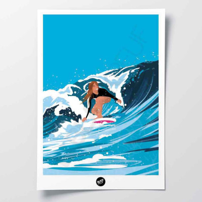 Wall poster of a surfer surfing a wave in blue tones for decoration Wall poster of a surfer surfing a wave in blue tones for decoration