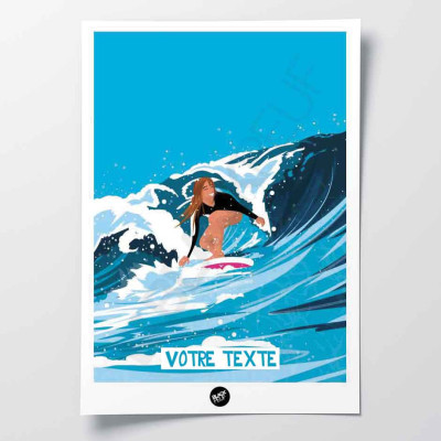 Wall poster of a surfer surfing a wave in blue tones for decoration Wall poster of a surfer surfing a wave in blue tones for decoration