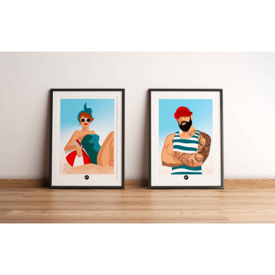 Affiche murale de Paulette à la plage, bronzant au soleil avec lunettes, rouge blanc bleu déco Affiche murale de Paulette à la plage, bronzant au soleil avec lunettes, rouge blanc bleu déco