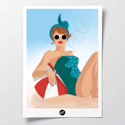 Affiche murale de Paulette à la plage, bronzant au soleil avec lunettes, rouge blanc bleu déco Affiche murale de Paulette à la plage, bronzant au soleil avec lunettes, rouge blanc bleu déco
