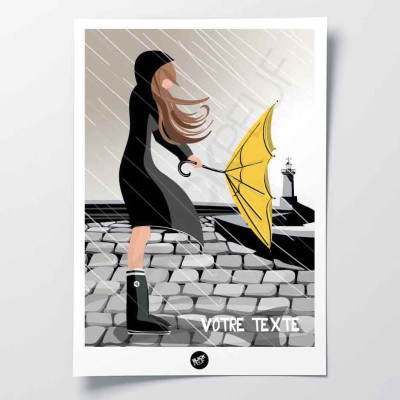 Affiche murale parasol breton jaune dans le vent et la pluie blanche de la Bretagne pour la décoration. Affiche murale parasol breton jaune dans le vent et la pluie blanche de la Bretagne pour la décoration.