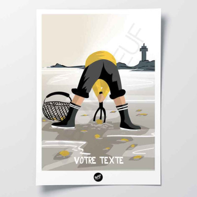 Affiche murale pêche à pied en bottes de pluie sur plage humide beige et noire pour la décoration. Affiche murale pêche à pied en bottes de pluie sur plage humide beige et noire pour la décoration.