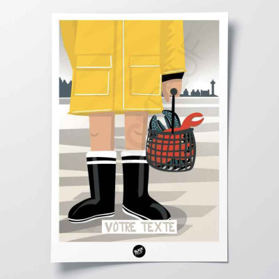 Affiche murale pêche aux crabes rouge en bottes de pluie noires sur la plage beige pour la décoration. Affiche murale pêche aux crabes rouge en bottes de pluie noires sur la plage beige pour la décoration.
