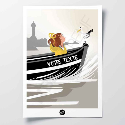 Affiche murale rencontre avec une mouette blanche sur un bateau noir sur l'eau beige pour la décoration. Affiche murale rencontre avec une mouette blanche sur un bateau noir sur l'eau beige pour la décoration.