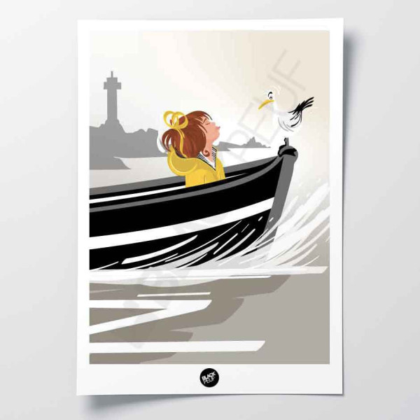 Affiche murale rencontre avec une mouette blanche sur un bateau noir sur l'eau beige pour la décoration.