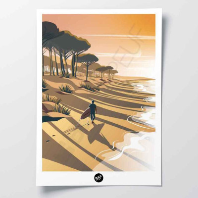 Affiche murale d’un surfeur sur une plage abandonnée, aux tons marron et orange pour décoration Affiche murale d’un surfeur sur une plage abandonnée, aux tons marron et orange pour décoration