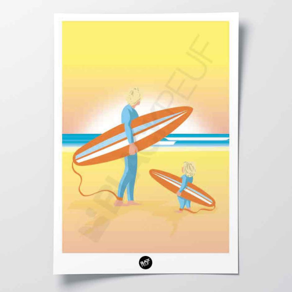 Affiche murale d’un surfeur et son fils sur la plage, aux tons clairs jaune, bleu et orange pour décoration