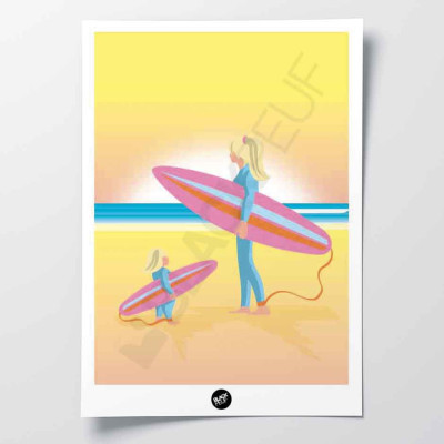 Wall poster of a surfer and her daughter on the beach, in light tones of yellow, blue and orange for decoration Wall poster of a surfer and her daughter on the beach, in light tones of yellow, blue and orange for decoration