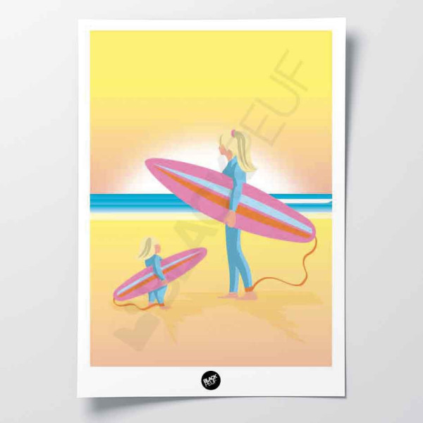 Wall poster of a surfer and her daughter on the beach, in light tones of yellow, blue and orange for decoration