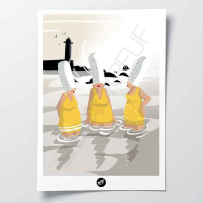 Affiche murale trempette bigoudenne trois grands mères dans l'eau beige en maillot de bain jaune pour la décoration. Affiche murale trempette bigoudenne trois grands mères dans l'eau beige en maillot de bain jaune pour la décoration.