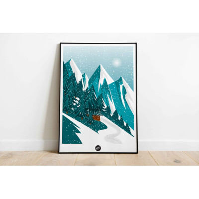 Winter-Wandposter in Savoyen, blaue und grüne Berglandschaft zur Dekoration. Winter-Wandposter in Savoyen, blaue und grüne Berglandschaft zur Dekoration.