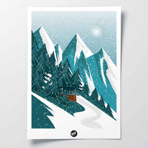 Winter-Wandposter in Savoyen, blaue und grüne Berglandschaft zur Dekoration.