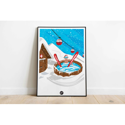Funny wall poster with hot tub in a ski resort for decoration. Funny wall poster with hot tub in a ski resort for decoration.