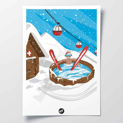 Funny wall poster with hot tub in a ski resort for decoration. Funny wall poster with hot tub in a ski resort for decoration.