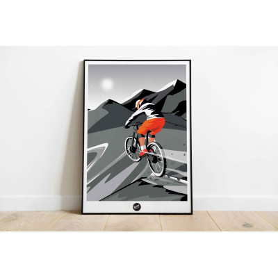 Schwarz-weißes Wandposter von einem Mountainbike-Jump in den Bergen zur Dekoration Schwarz-weißes Wandposter von einem Mountainbike-Jump in den Bergen zur Dekoration