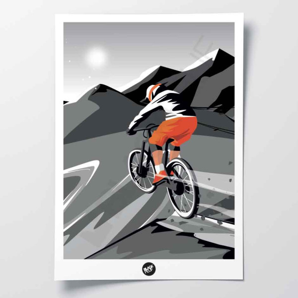 Black and white wall poster of a mountain bike jump in the mountains for decoration