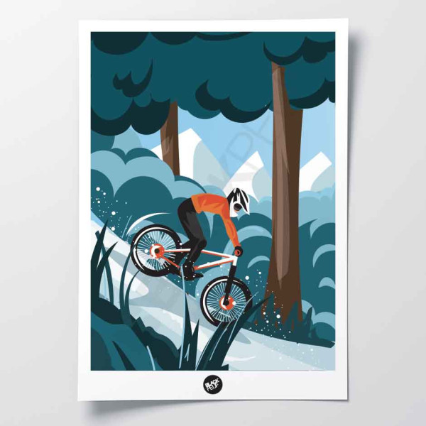 Affiche murale VTT park dans les bois aux tons bleu, marron et rouge pour décoration