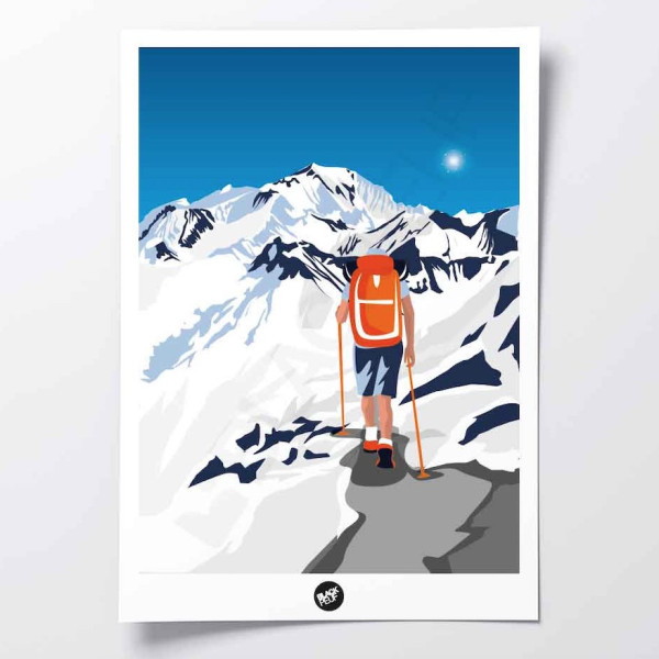 Affiche murale ascension du mont blanc randonnée en montagne enneigée blanche et bleu pour la décoration.