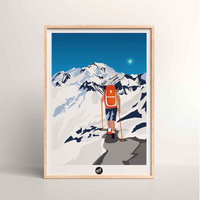 Affiche murale ascension du mont blanc randonnée en montagne enneigée blanche et bleu pour la décoration. Affiche murale ascension du mont blanc randonnée en montagne enneigée blanche et bleu pour la décoration.