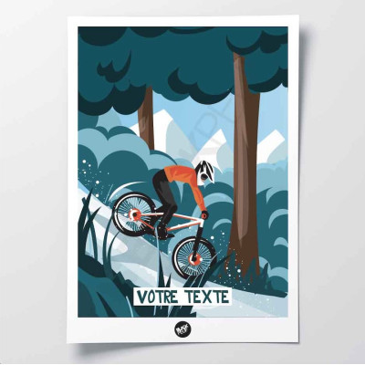 Affiche murale VTT park dans les bois aux tons bleu, marron et rouge pour décoration Affiche murale VTT park dans les bois aux tons bleu, marron et rouge pour décoration