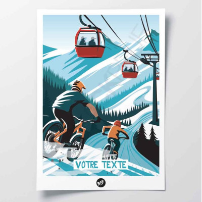 Wandposter Mountainbike unter Sesselliften in den Bergen in Blau-, Orange- und Rottönen zur Dekoration Wandposter Mountainbike unter Sesselliften in den Bergen in Blau-, Orange- und Rottönen zur Dekoration
