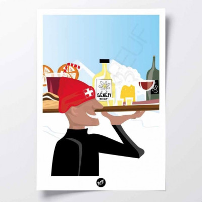 Wall poster with a red, blue and yellow alpine barista with a terrace in a resort as decoration. Wall poster with a red, blue and yellow alpine barista with a terrace in a resort as decoration.