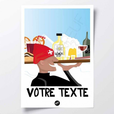 Wall poster with a red, blue and yellow alpine barista with a terrace in a resort as decoration. Wall poster with a red, blue and yellow alpine barista with a terrace in a resort as decoration.