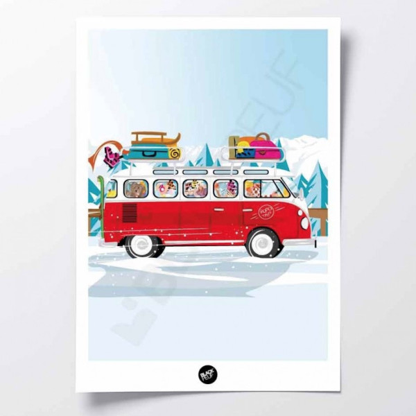 Affiche murale combien road trip rouge et bleu van vacances station pour la décoration.