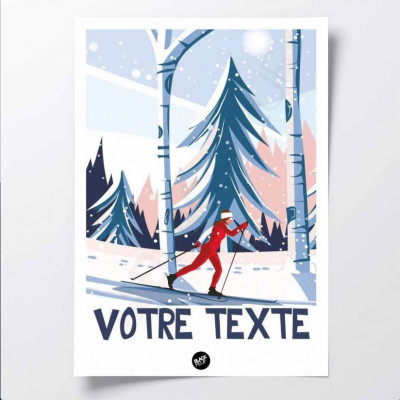 Affiche murale ski de fond en forêt bleu et rouge pour la décoration.