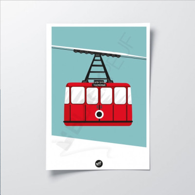 Wall panel with cable car, red cabin, ski resort, in blue, for decorative purposes. Wall panel with cable car, red cabin, ski resort, in blue, for decorative purposes.