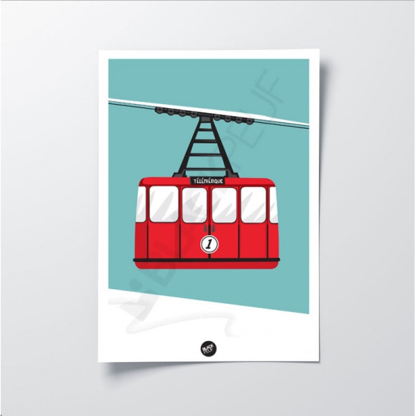 Wandpaneel mit Seilbahn, rote Kabine, Skigebiet, in blau, für Dekozwecke.