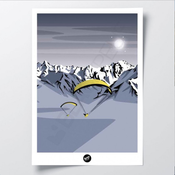 Poster murale del percorso di parapendio di Belledonne nei toni del grigio, del blu e del giallo, per decorazione