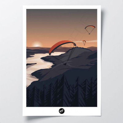 Wandposter eines Gleitschirmflugs mit Sonnenuntergang in Schwarz- und Orangetönen zur Dekoration Wandposter eines Gleitschirmflugs mit Sonnenuntergang in Schwarz- und Orangetönen zur Dekoration