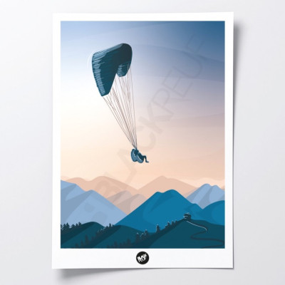 Wandposter eines Gleitschirms in der Luft in der Nähe der Berge zur Dekoration