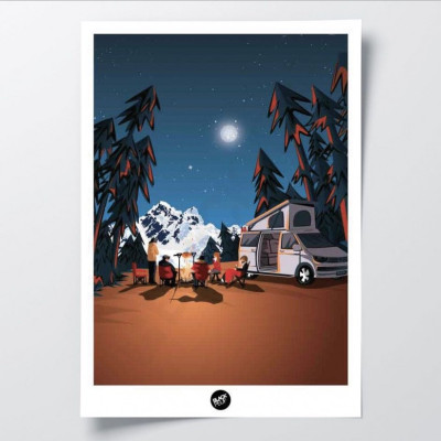 Wall poster of a campsite by the fire in shades of brown, orange and dark blue, for decoration Wall poster of a campsite by the fire in shades of brown, orange and dark blue, for decoration