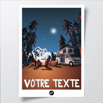Wall poster of a campsite by the fire in shades of brown, orange and dark blue, for decoration Wall poster of a campsite by the fire in shades of brown, orange and dark blue, for decoration