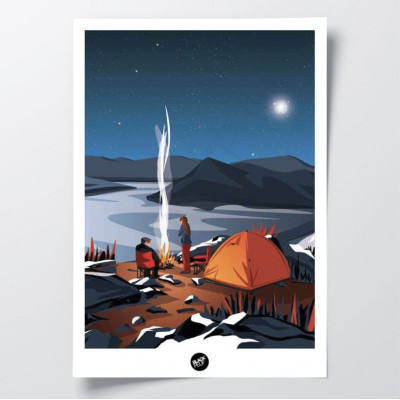 Affiche murale camping au bord d'un lac aux tons marron, orange et bleu foncé, pour la décoration Affiche murale camping au bord d'un lac aux tons marron, orange et bleu foncé, pour la décoration