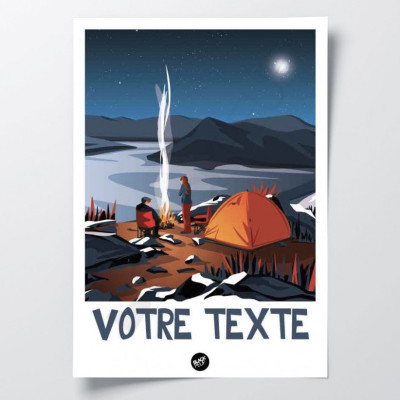 Affiche murale camping au bord d'un lac aux tons marron, orange et bleu foncé, pour la décoration Affiche murale camping au bord d'un lac aux tons marron, orange et bleu foncé, pour la décoration