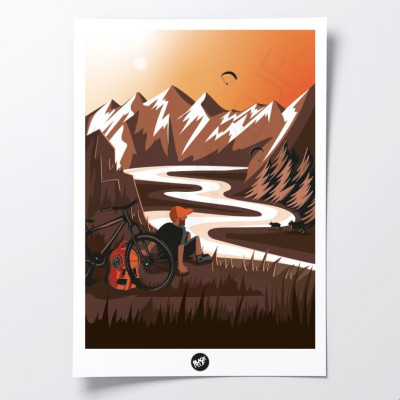 Wall poster of a person sitting facing nature in brown and orange for decoration Wall poster of a person sitting facing nature in brown and orange for decoration