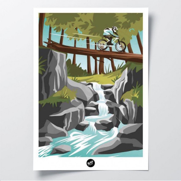 Affiche murale VTT sur un pont-tronc entre rivière bleue et nature verte pour décoration