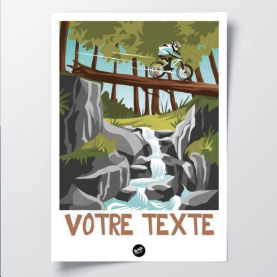 Mountain bike wall poster on a trunk bridge between the blue river and green countryside for decoration Mountain bike wall poster on a trunk bridge between the blue river and green countryside for decoration