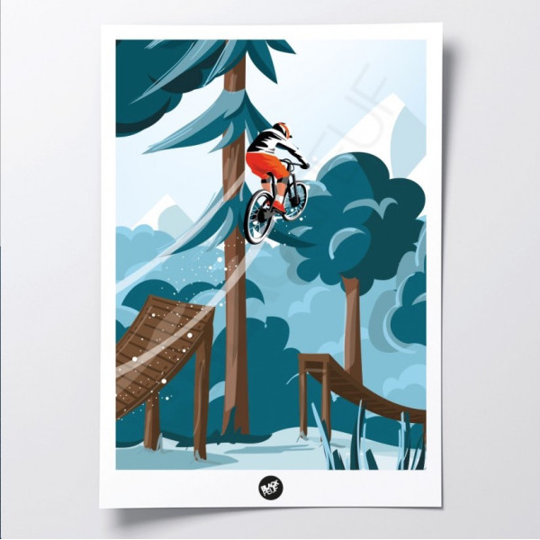 Blu, marrone e rosso parco mountain bike saltare nel bosco poster da parete per la decorazione