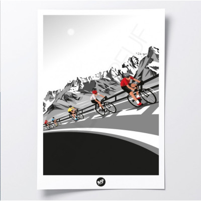 Black and white wall poster of a cycling trip on mountain roads for decoration