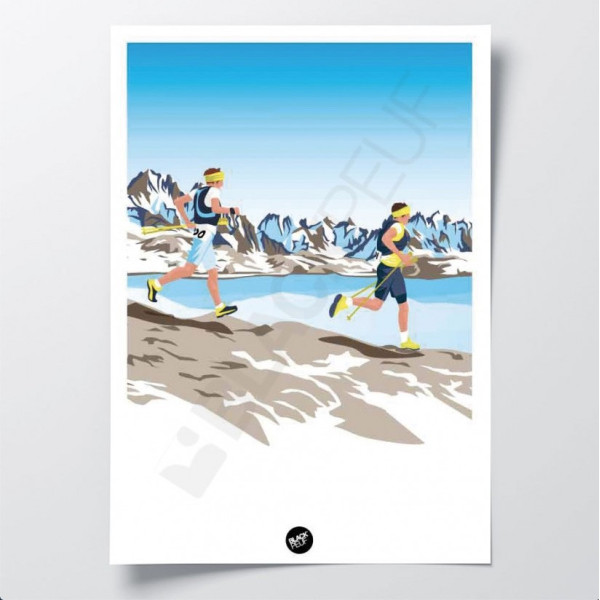 White and blue trail wall poster by the lake in the mountains for decoration